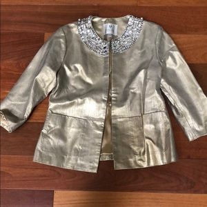 Metallic Leather Jacket with Jewel Neckline